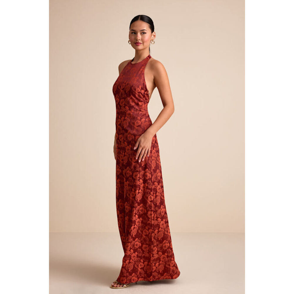 Lulus Alaria Rust Satin Jacquard Halter Neck Maxi Dress Red - Size L
